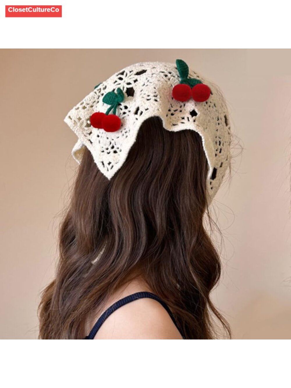 Crochet Cherry Bandana Headband Boho Triangle Hair Scarf Head Kerchief